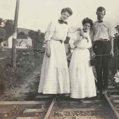 Greene County Album, Photo 11 - Irene (Ray) Jenkins [1882-1965] on far left, posing on the Waynesburg & Washington railroad tracks