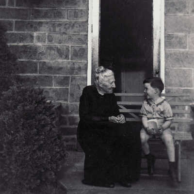 Sarah Jane (Orndoff) Wood [1857-1941] and her great-grandson Charles Hiram Ganiear [1932-2020]