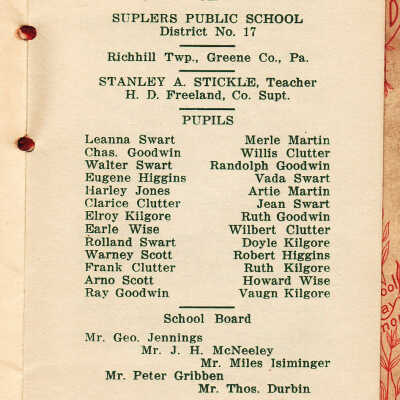 Souvenir program presented by Stanley A. Stickle, Teacher - Suplers Public School, District No. 17, Richhill Township, Greene County, Pennsylvania