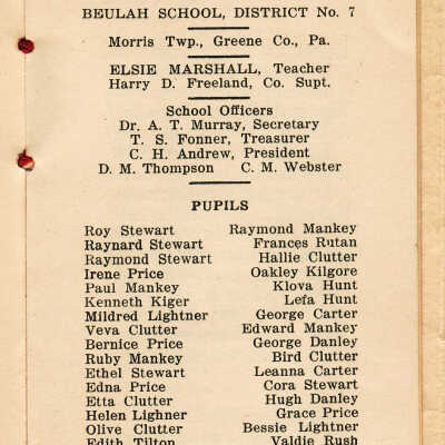 Souvenir program presented by Elsie Marshall, Teacher - Beulah School, District No. 7, Morris Township, Greene County, Pennsylvania
