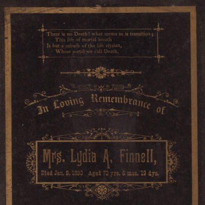 Rice-Fordyce Album 02, Photo 18 - Funeral card of Lydia Anne (Bodley) Finnell [1819-1890]
