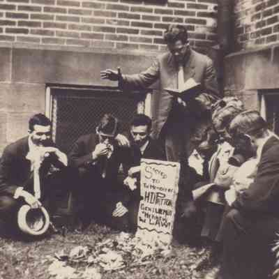 Waynesburg College Scrapbook, Photo 33 - Mock grave of Henry Dudley Patton [1845-1922], Acting President of Waynesburg College