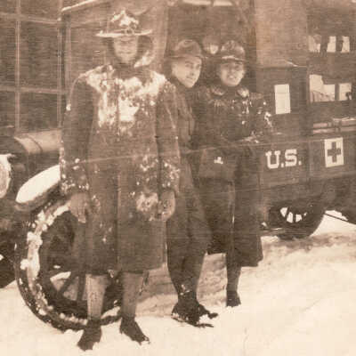 World War I era soldiers with Red Cross vehicle