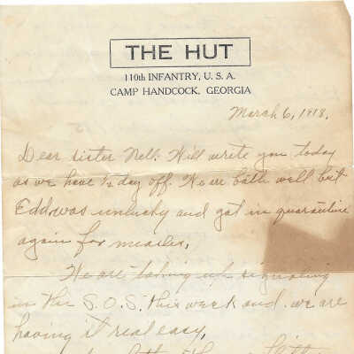 Leo McNicholas (Camp Hancock, Georgia), to Nell McNicholas, letter, 6 March 1918