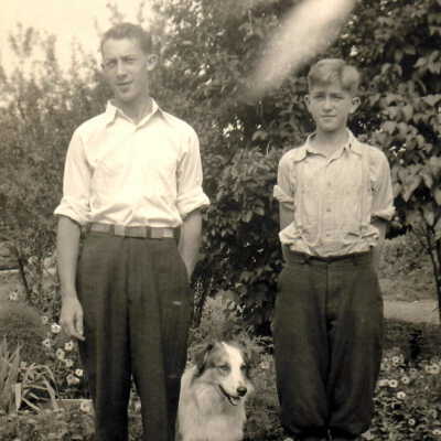 William Cook Livingood and Arthur Thomas Livingood with family dog "Laddie"