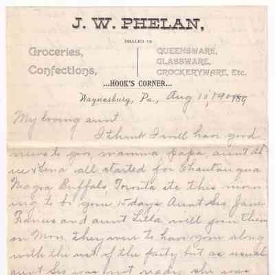 Jane M. Phelan (Waynesburg, Pa.) to Mary W. Denny (Paris, France), letter, 10 August 1900
