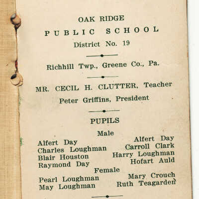 Souvenir program presented by Cecil H. Clutter, Teacher - Oak Ridge Public School, District No. 19, Richhill Township, Greene County, Pennsylvania