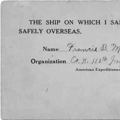 Francis B. Moore (Co. K, 110th Infantry, 28th Div.) to Elizabeth Taylor: See WEB LINKS to DOWNLOAD high-resolution image.