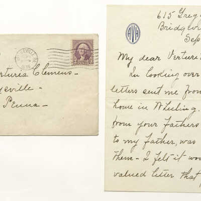 Virginia Hupp Harding (Bridgeville, PA) to Verturia Clemens (Claysville PA), letter, 4 September 1936, preserved in William M. Clemens Family Bible