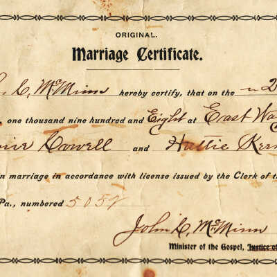 Marriage certificate of Dennis Floyd Cowell and Haddie Luella Keener, 28 November 1908