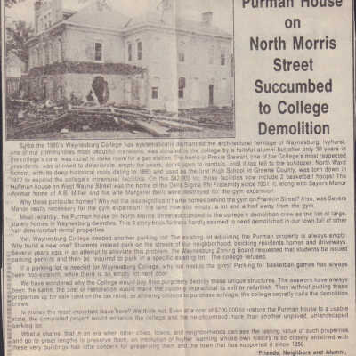 Newspaper article - "Purman House on North Morris Street Succumbed to College Demolition"