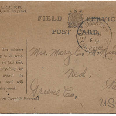 Leo McNicholas (France), to Mary E. McNicholas (Ned, Pennsylvania), postcard, 25 July 1918