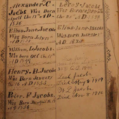 Alexander and Eliza Jane (Huffman) Jacobs family bible record (preserved in the Leroy and Louie A. (Stewart) Jacobs Family Bible)