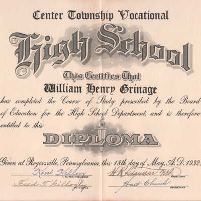 Center Township Vocational High School Diploma - William Henry Grinage (Class of 1932)