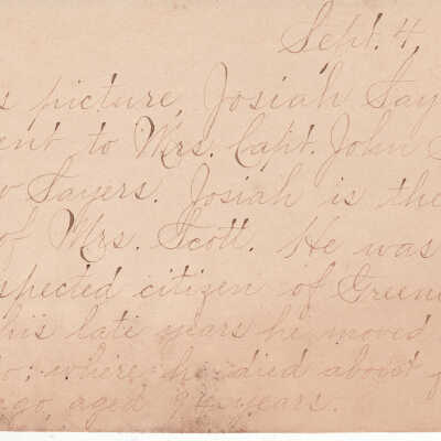 Note card framed with portrait of Josiah Sayers