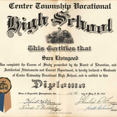 Center Township Vocational High School Diploma - Sara Livingood (Class of 1934)