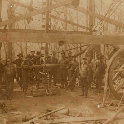 Drilling a gas well with a wooden derrick in Kuhntown, Wayne Township, Greene County, Pennsylvania
