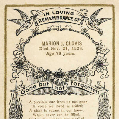 Funeral card of Marion Jasper Clovis [1849-1928]