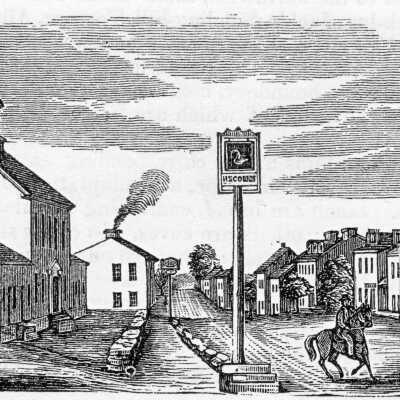 Woodcut of downtown Waynesburg, Greene County, Pennsylvania (1843)