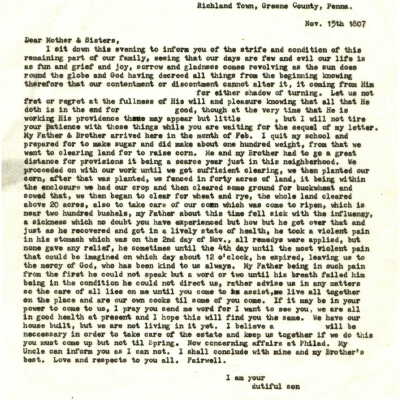 Wm. Harvey, (Richland Town, Greene County, Penna) to Maria Harvey, care of the Rev. Robert Icrest (057 Broadway, New York), letter, 15 November 1807