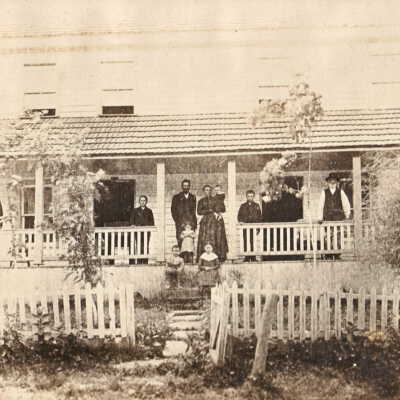 Robert Watson and Catharine (Anderson) Watson family in front of their home in Holbrook, Center Township, Greene County, Pennsylvania