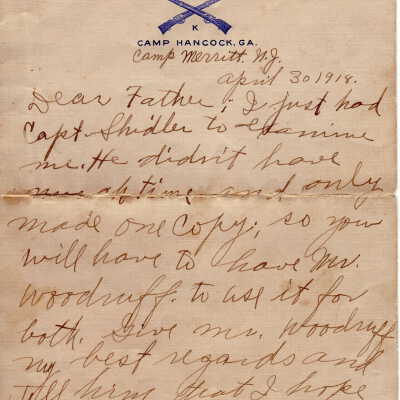 Bill Throckmorton, (Camp Merritt, NJ) to Thomas Morford Throckmorton and family, letter, 30 April 1918