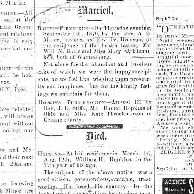 Waynesburg Republican - Marriage and Death Announcements (7 September 1870)