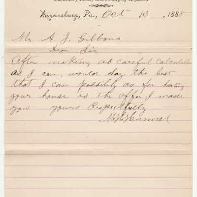 M. H. Hunnell (Waynesburg, Pennsylvania) to A. J. Gibbons (Carmichaels, Pennsylvania), letter, 13 October 1888