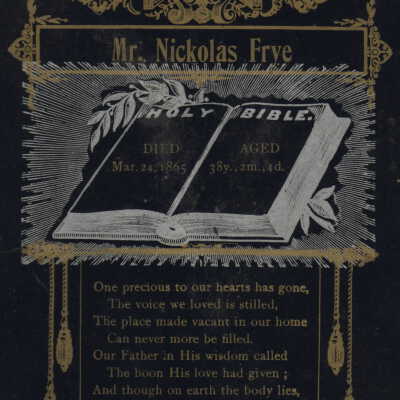 Funeral card of Nickolas Frye [1827-1865]