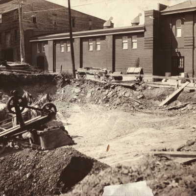 Citizens National Bank Construction Album (Selected Photo 01) - Excavation for location of Citizens National Bank at the northwest corner of High and Washington Streets