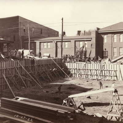 Citizens National Bank Construction Album (Selected Photo 12) - Excavation for location of Citizens National Bank at the northwest corner of High and Washington Streets