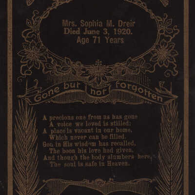 Dreier Album, Photo 05 - Funeral card of Sophia (Tennemire) Dreier [1849-1920]