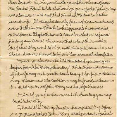 W. S. Perry (son of Ebenezer Perry & Almina McVay) of River Forest, Illinois, to Mattie McVay (daughter of William Irwin McVay & Elizabeth D. Woodruff) of Woodruff, West Virginia, letter, 26 March 1930
