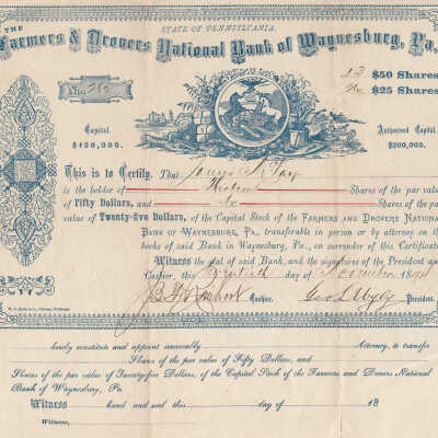 Farmers and Drovers Bank Stock Certificate issued to James McVay