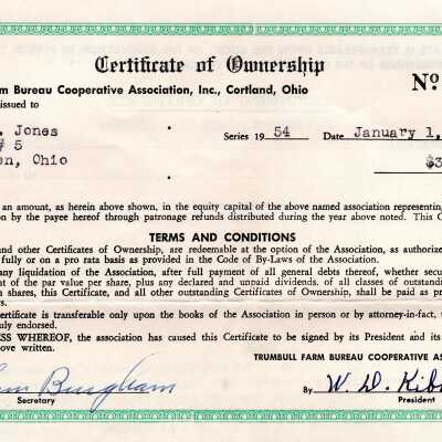 Certificate of Ownership Trumbull Farm Bureau Cooperative Association