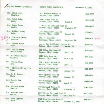 Howland Community Church Organizations 1975