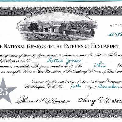 Twenty-Five Year Certificate From The Grange