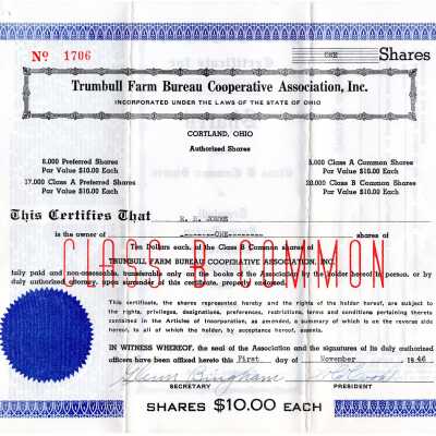 Certificate of Shares in Trumbull Farm Bureau Cooperative Association, Inc.