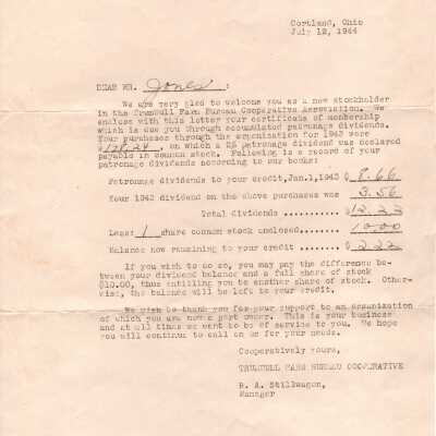 Letter welcoming E H Jones as stockholder