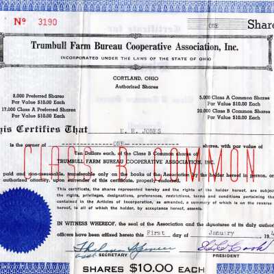 Certificate of Shares for Trumbull Farm Bureau