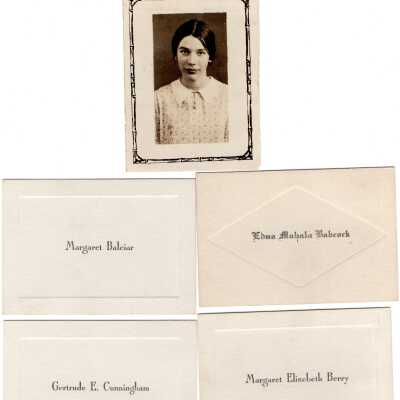 A collection of 35 calling cards and photo