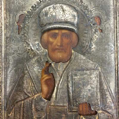 Russian Icon of St. Nicholas the Miracle-Worker, flanked by Christ and the Virgin