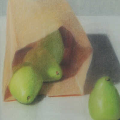 Untitled (Four pears and a brown paper bag)