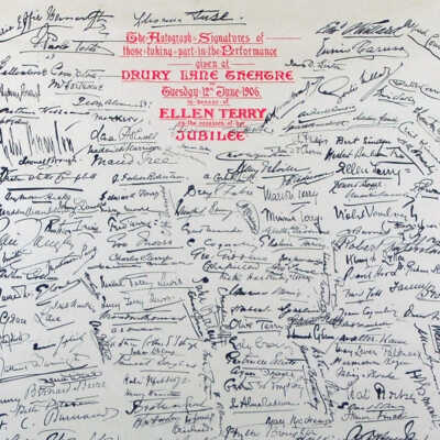 The Autograph Signatures of those taking part in the Performance given at Drury Lane Theatre on Tuesday 12th June 1906 in honour of Ellen Terry on the occasion of her Jubilee