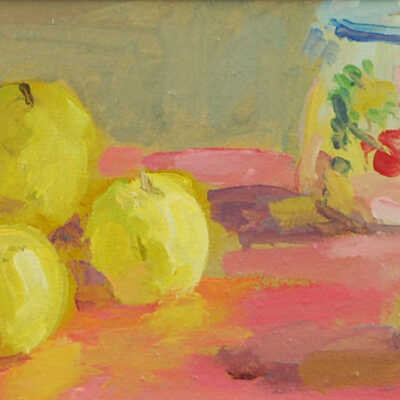 Untitled (Yellow apples and ceramic jar)