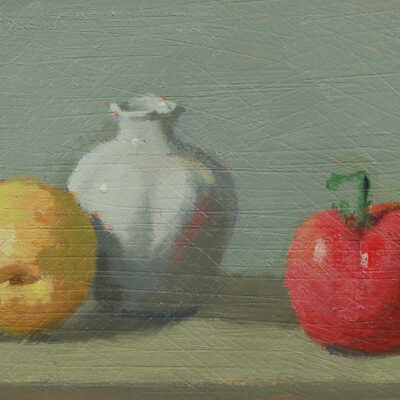 Still Life: Tomato, Peach and Sung Jar