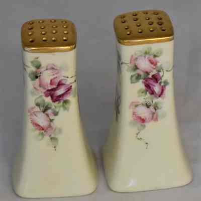 Limoges France Hand Painted Gold Wash Floral Roses Porcelain Salt and Pepper Shakers