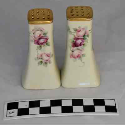 Back and size comparison of Limoges salt and pepper shakers.