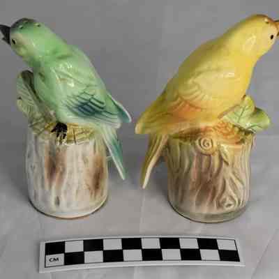 Back and size comparison of singing birds salt and pepper shakers.