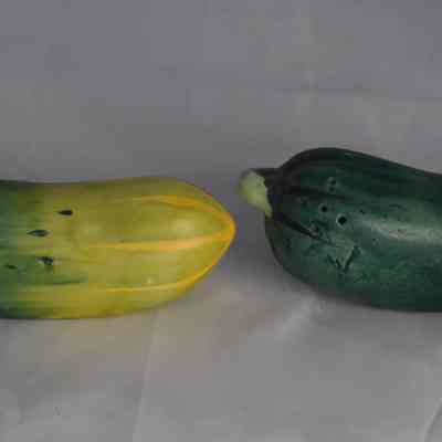 Vintage ceramic pickle salt and pepper shakers. Made in Taiwan Republic of China.